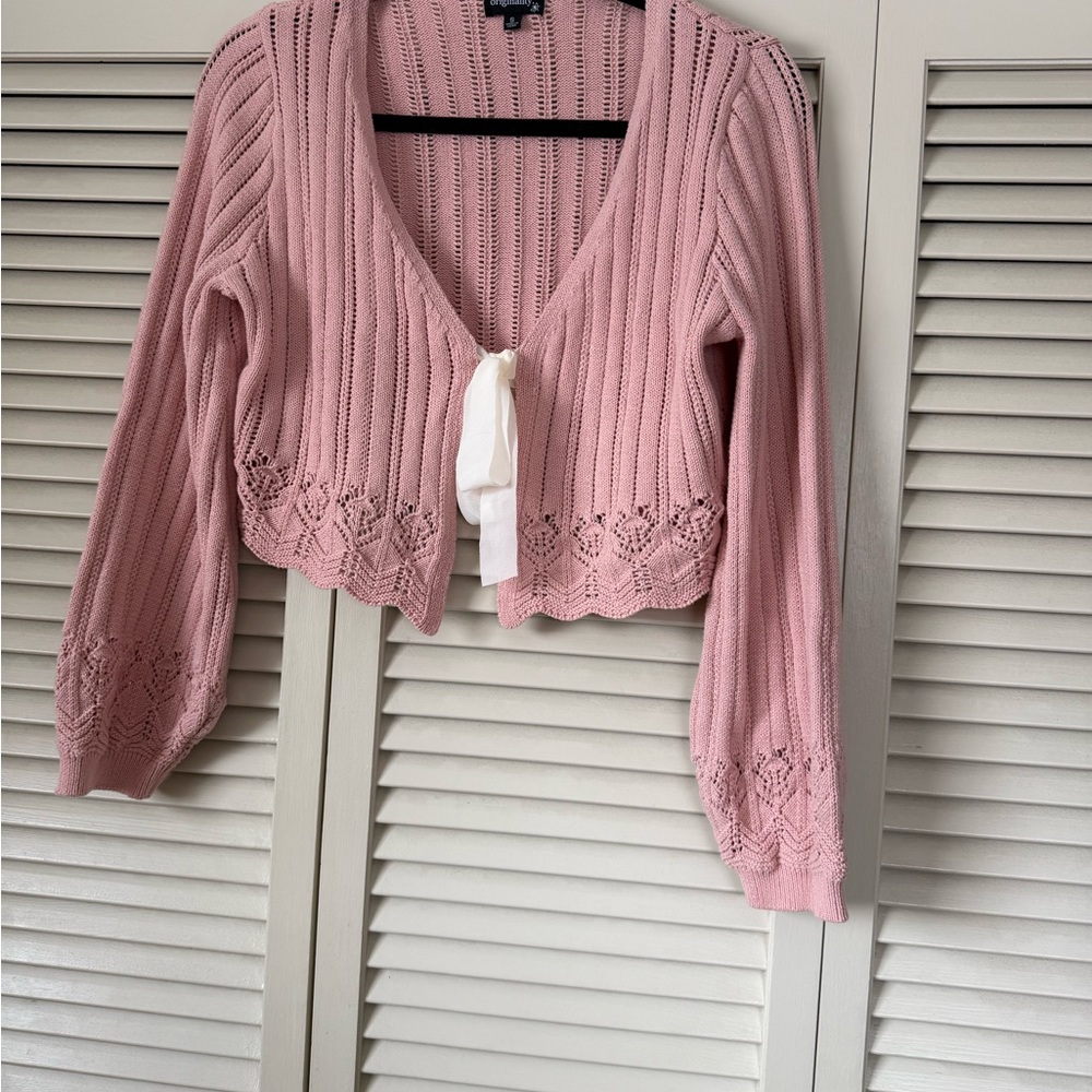 Pink Knit Cropped Cardigan with White Ribbon Tie.